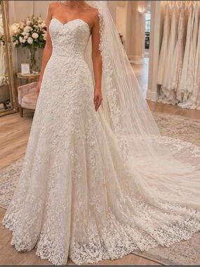 Lace A-Line Bridal Gown with Corset Back and Veil design by Jewel BNWT